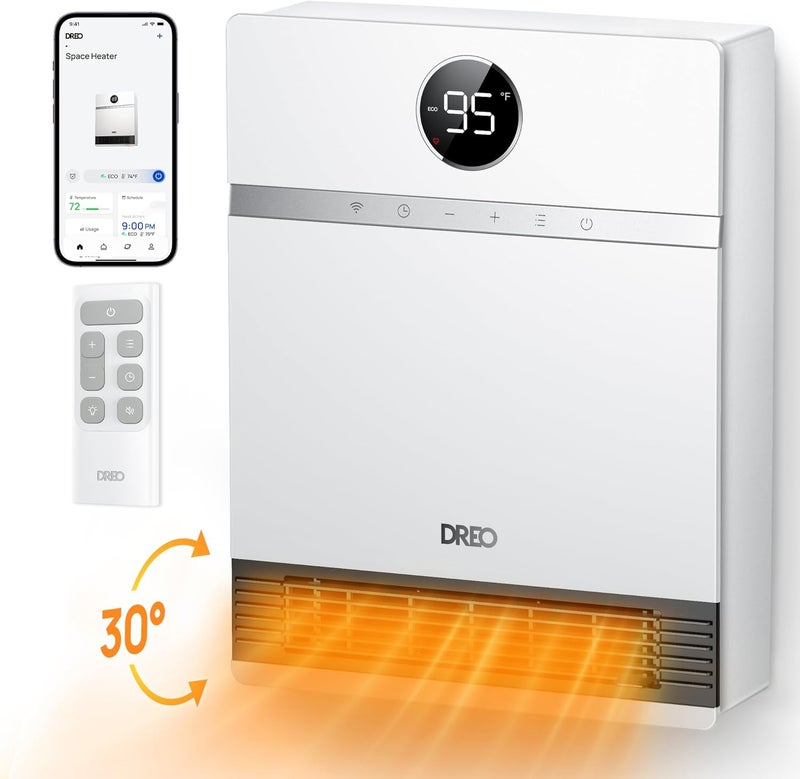 Dreo Smart Wall Heater, IP24 Electric PTC Space Heaters for Indoor Use, 30° Oscillation, Adjustable Thermostat, Remote Control, Works with Alexa, 24H Timer, Easy-mounted for Office, Bedroom, Home - Image 1